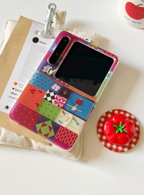 原创ins复古拼贴格子适用于华为purax手机壳折叠磁吸硬壳超薄适用于小米mixflip2适用于三星zflip5/6/7