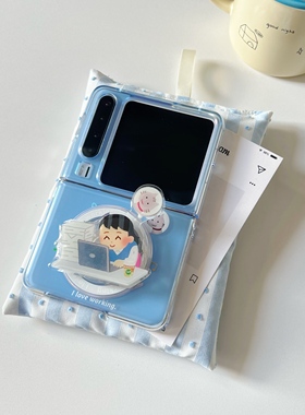 日本irasutoya女孩半透蓝色适用于华为purax手机壳折叠适用于pocket磁吸适用于小米mixflip2适用于三星zflip5
