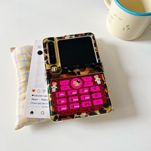 Y2K复古豹纹KT电话机适用于华为purax手机壳适用于pocket2铰链全包适用于三星zflip6 7适用于小米mixflip2