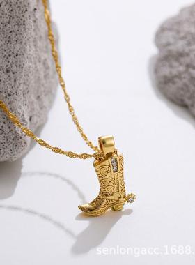 跨境热卖真金不锈钢牛仔派克靴子吊坠男女通用吊坠水波链项链