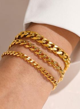 欧美时尚潮流不锈钢手链真金电镀光滑质感钛钢古巴链女士手饰