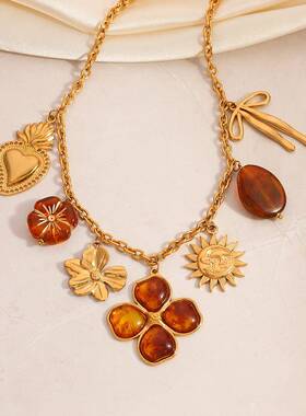 跨境不锈钢项链DIY手作美拉德风太阳花蝴蝶结琥珀色系秋冬毛衣链