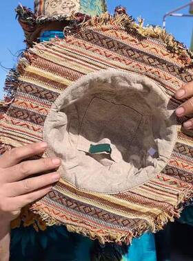 拼布五彩蘑菇麻帽带隐藏口袋软呢帽沙滩棉麻拼布太阳渔夫帽