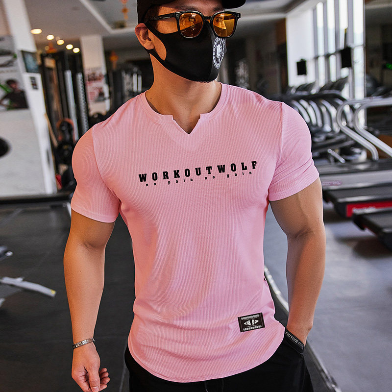 撸铁狼新款T恤V领短袖健身衣服教练紧身衣弹力男款肌肉训练运动夏