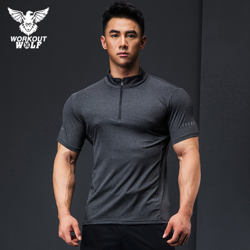撸铁狼跑步训练肌肉健身教练紧身衣服男士速干立领运动polo衫上衣