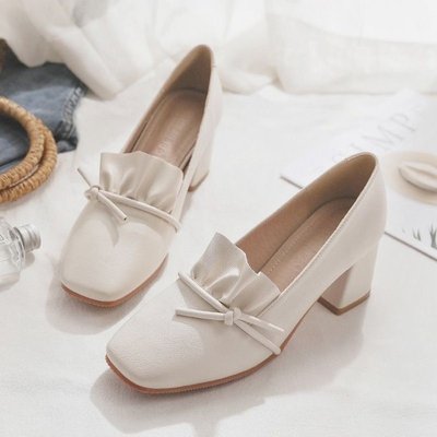 高跟玛丽珍鞋子女2025新款小香风百搭粗跟一脚蹬珍珠扣法式单鞋女