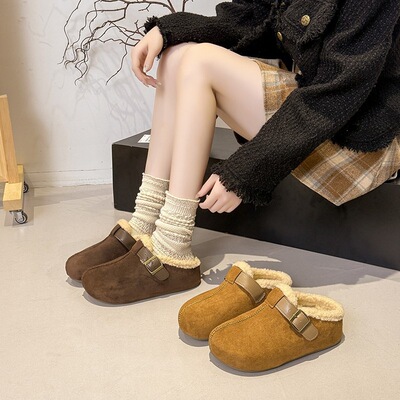 厚底包头勃肯毛毛拖鞋女冬外穿2025内增高加绒保暖棉鞋半拖雪地靴