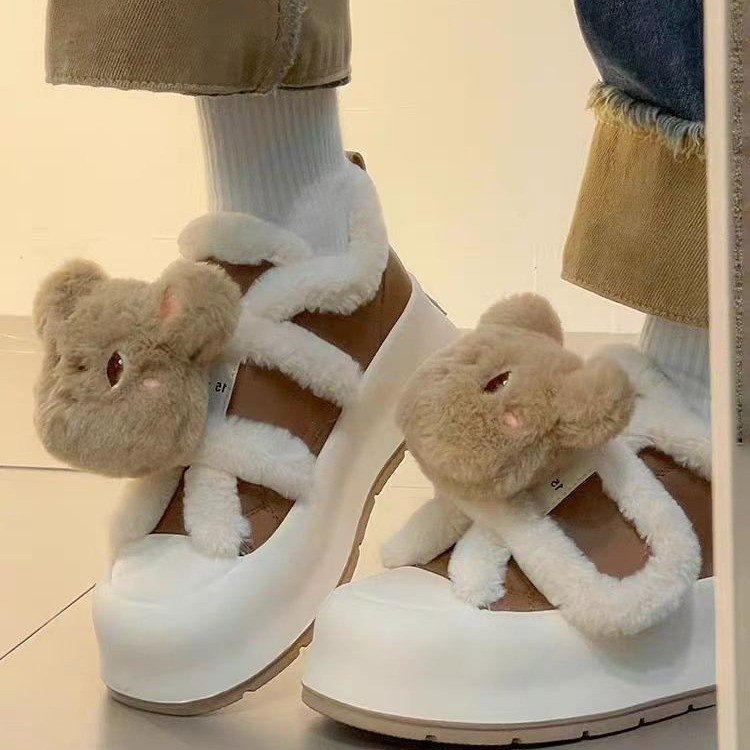 小熊加厚保暖厚底包头雪地靴女2025冬季新款一脚蹬加绒东北大棉鞋