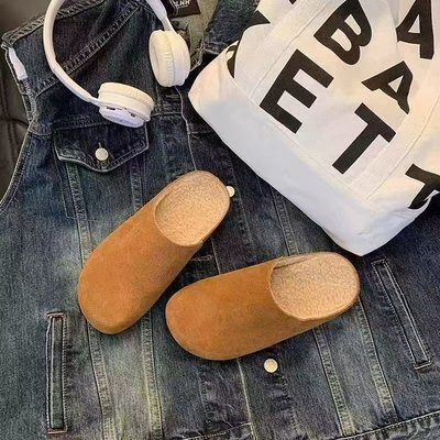 加绒包头半拖鞋女外穿2025秋冬季新款懒人一脚蹬棉拖鞋厚底勃肯鞋