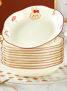陶瓷盘子盘子家用2025年新款卡通釉下彩餐具饭碗吃盘子荷口盘套装