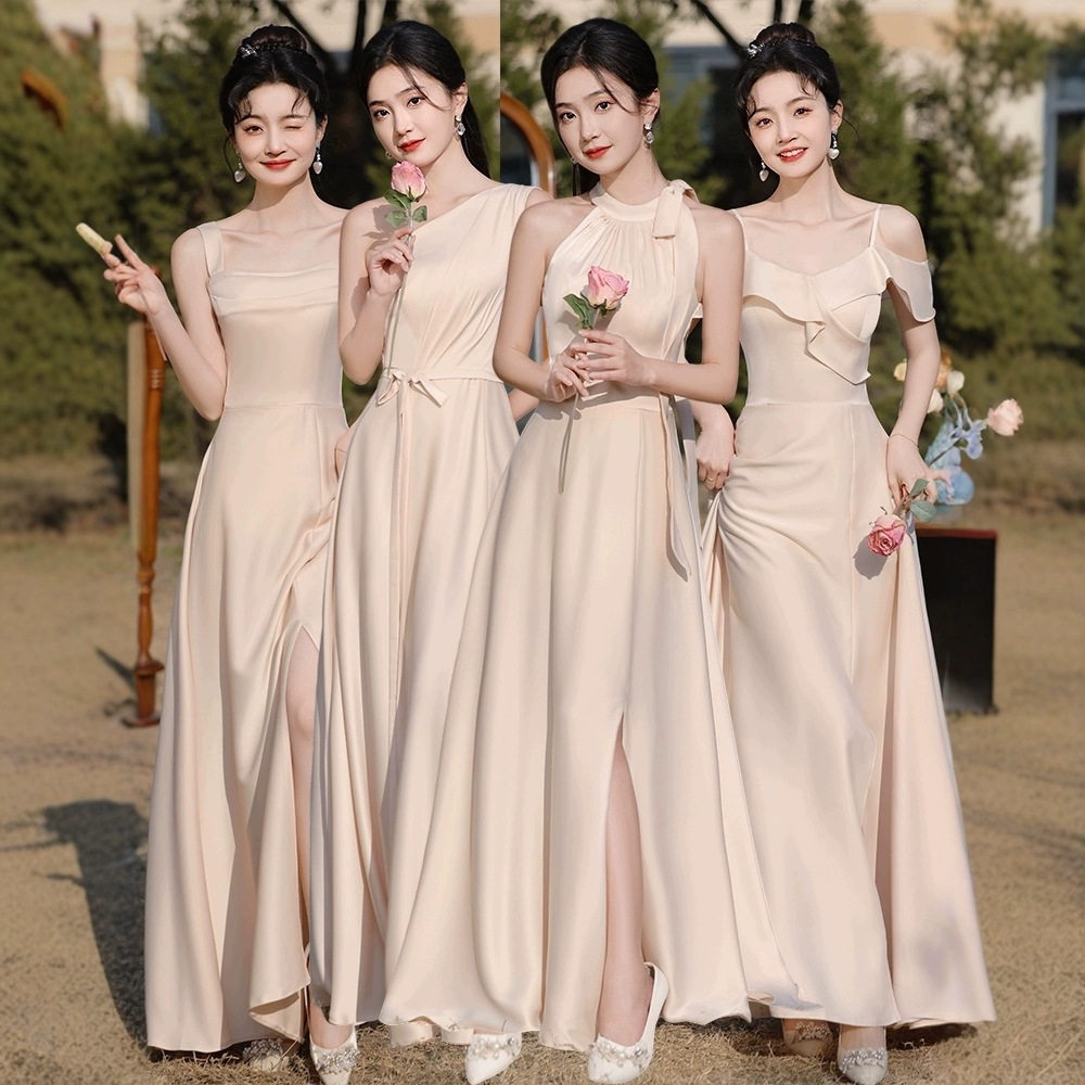 伴娘服2026新款冬季香槟色姐妹团晚礼服长裙女高级感小众平时可穿