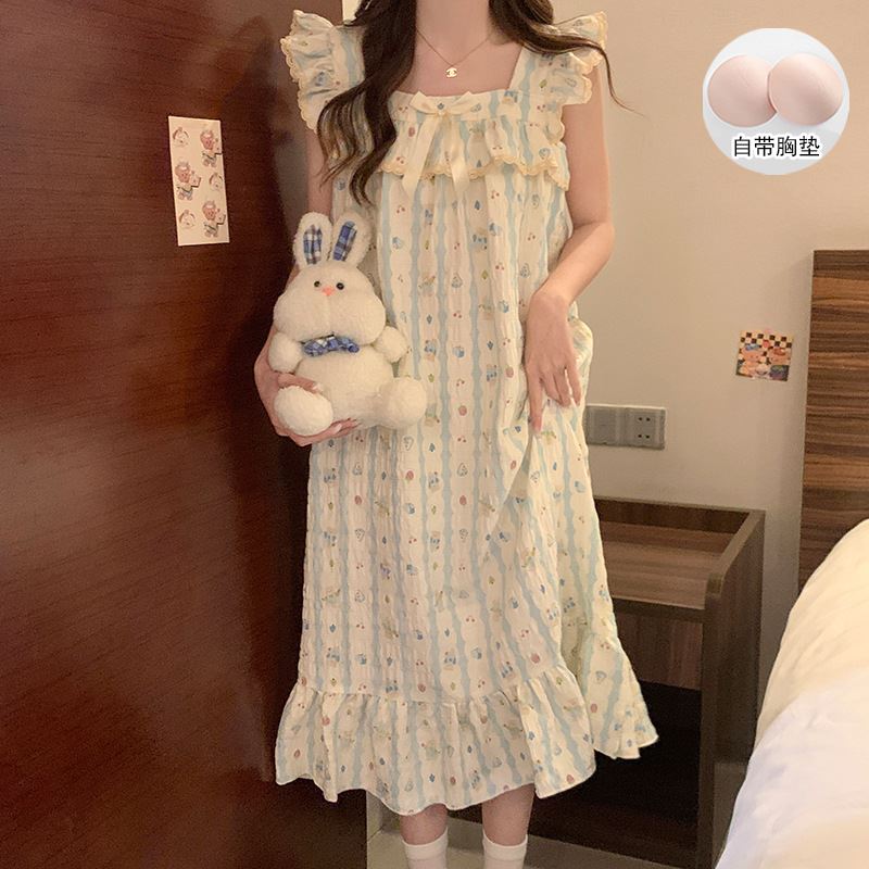 奶呼呼睡裙少女甜美可爱超萌法式公主风带胸垫睡衣吊带睡裙家居服