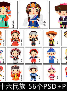 ET54手绘卡通可爱56五十六个少数民族壮族汉族服饰人物插画素材图