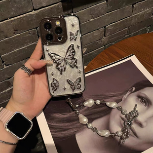 小众设计感滴胶水钻蝴蝶适用苹果15手机壳iphone13新款11/12女14promax创意高级感15pro防摔保护套带手链