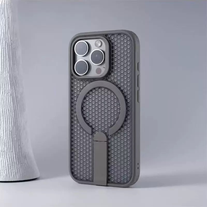 蜂窝散热网孔适用苹果16promax磁吸手机壳16e新款iphone15pro超薄透气14金属折叠支架13磨砂12pm硅胶防摔plus