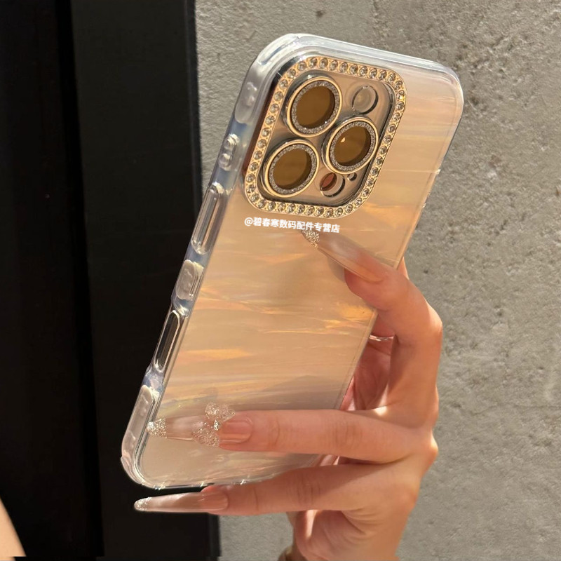 带闪粉镶钻镜头膜适用苹果16promax手机壳16新款iPhone15pro高颜值贝壳纹14猫咪边框13小众全包12pro保护套女
