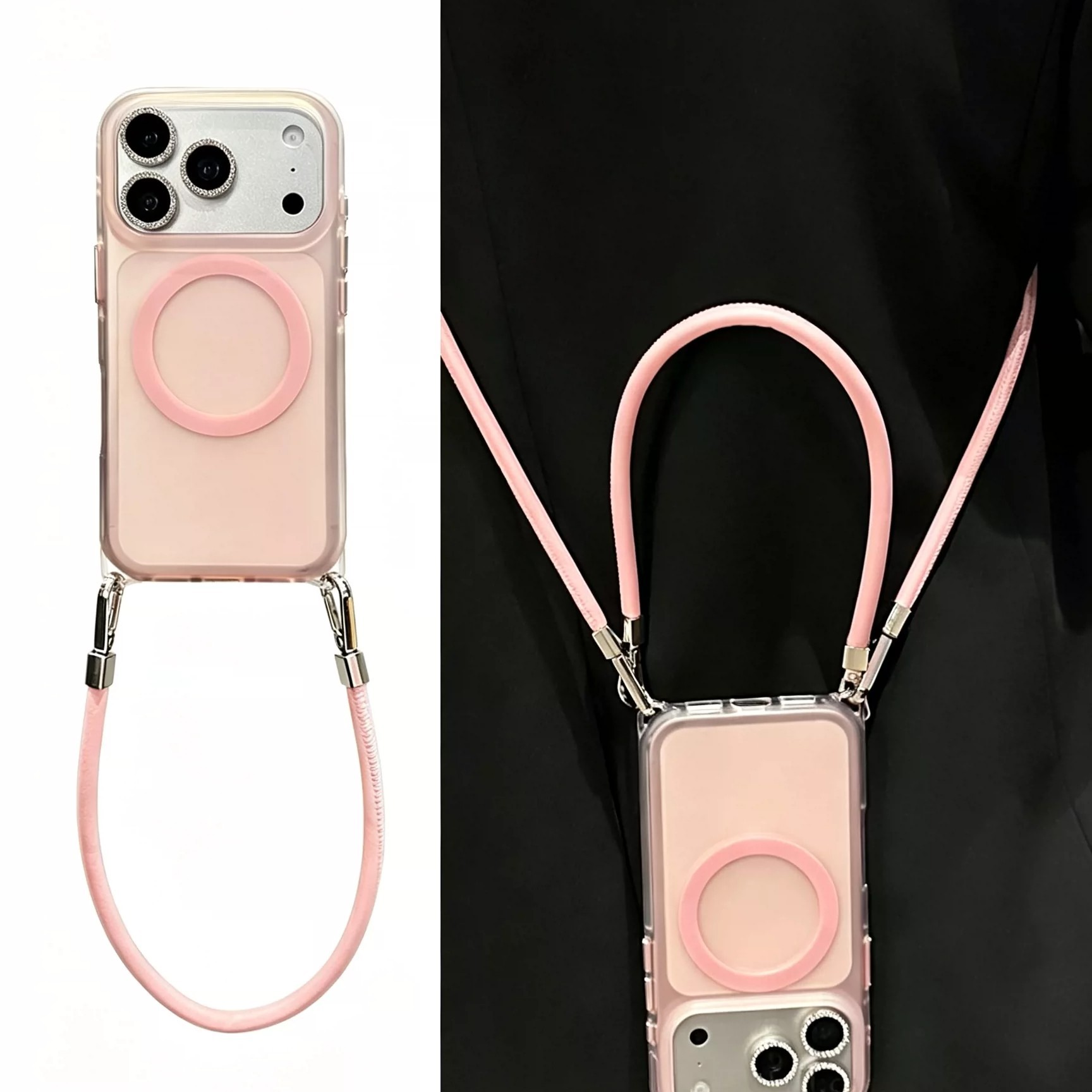 磨砂磁吸透明粉适用苹果17promax手机壳17pro新款男女16斜挎背带挂绳iphone15pro带镜头保护膜全包