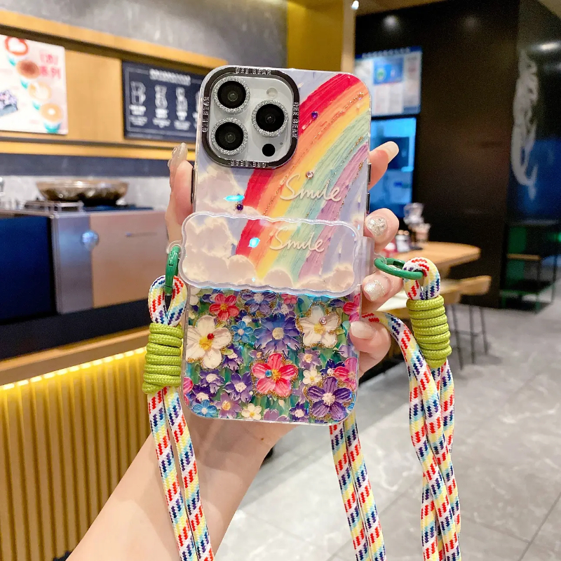 油画彩虹花海适用苹果15promax手机壳iPhone14保护套13手提挂绳12蓝光斜挎11可背16plus小众防摔14pro新款潮