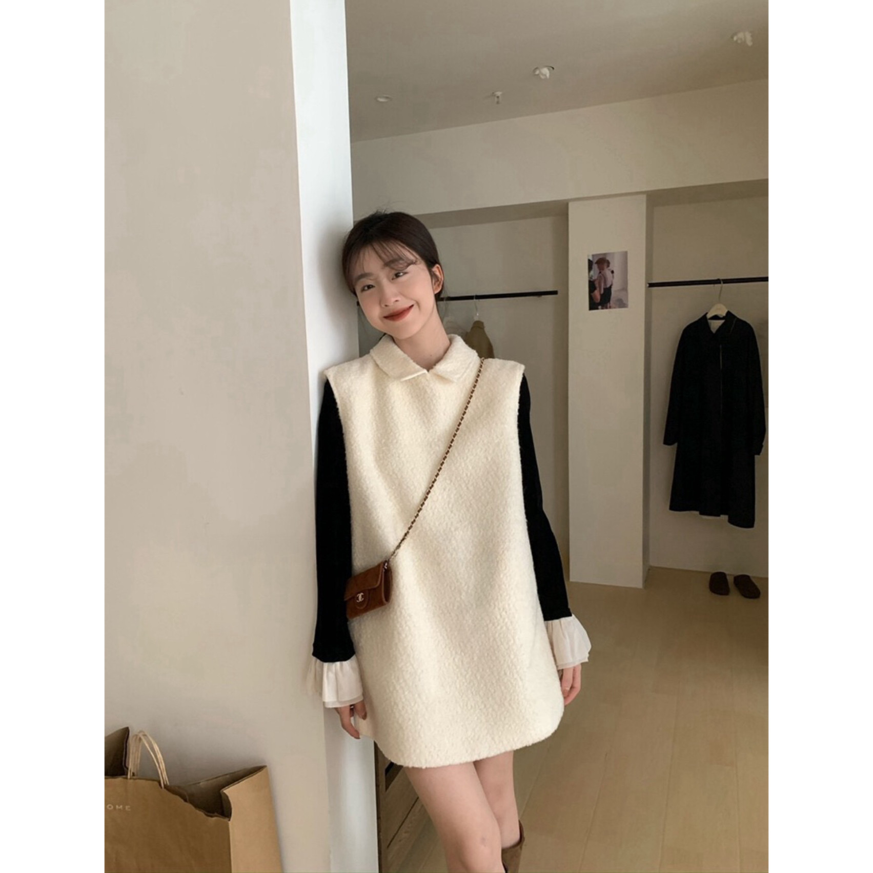 SooPri 韩系减龄娃娃领背心连衣裙女秋冬新款宽松百搭叠穿无袖裙