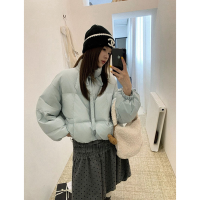 SooPri 系带甜美短款羽绒服女冬加厚保暖立领小个子鸭绒面包外套