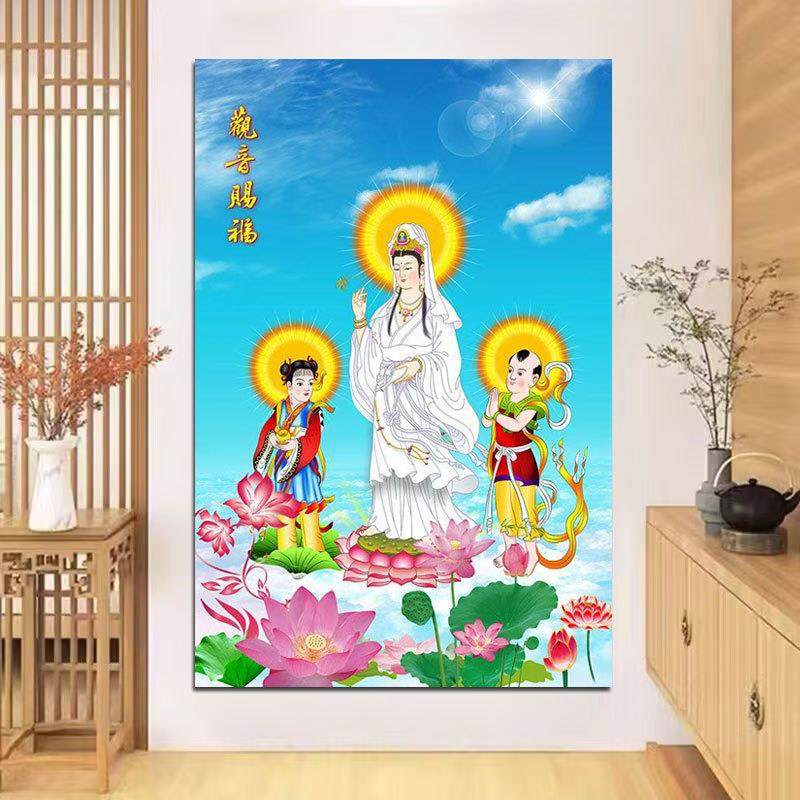 观音菩萨金童玉女画像中国风客厅中堂挂画吉祥纳福供奉装饰墙壁画
