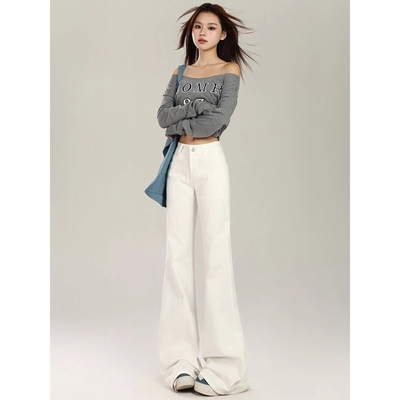 不贴腿白色微喇牛仔裤女2025秋冬季新款加绒加厚显瘦休闲喇叭裤子