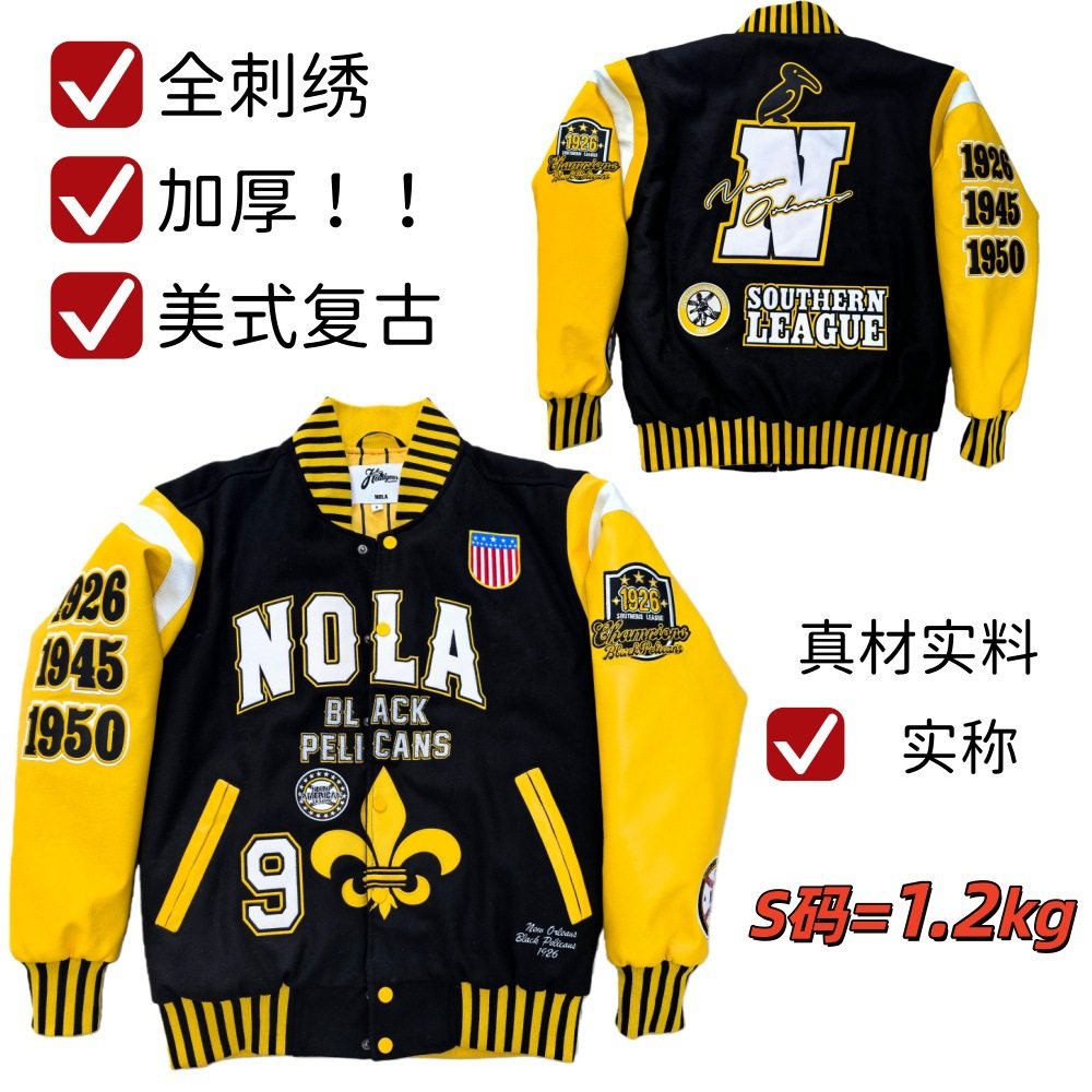美式复古夹克NOLA刺绣加厚黑色黄色皮袖棉服跨境热卖街头棒球服