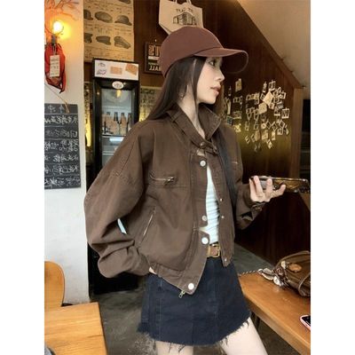 PPHOME复古美式咖色短款工装外套女秋季休闲宽松甜酷夹克牛仔上衣