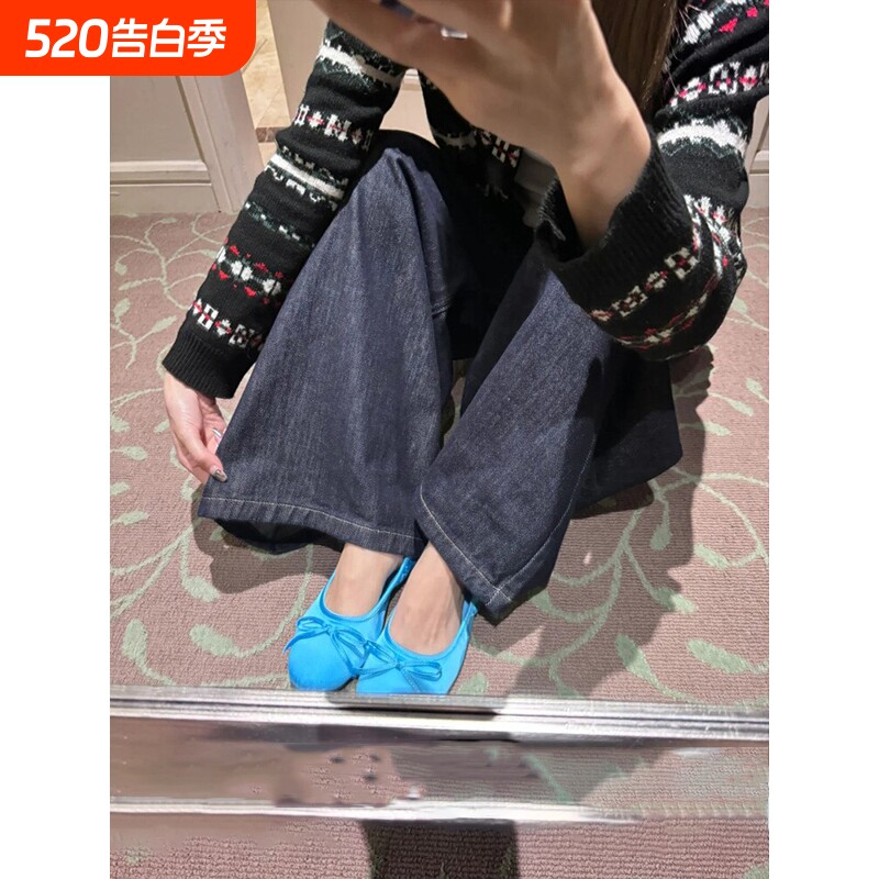 羊皮版~法式蝴蝶结圆头芭蕾舞单鞋女小蓝鞋温柔风一脚蹬平底鞋子