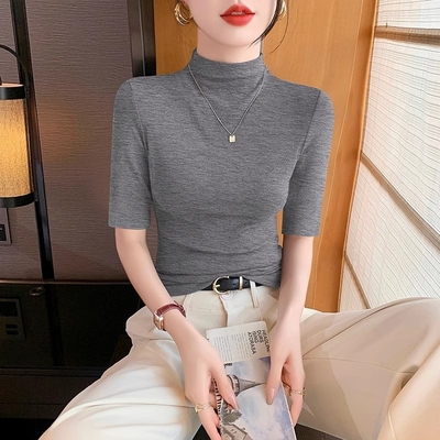 深灰色正肩半高领中袖打底衫女2025秋季新款高级感五分袖内搭上衣
