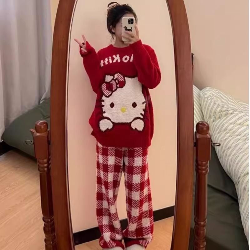 红格子半边绒睡衣女HelloKitty针织冬季加厚家居服可外穿红