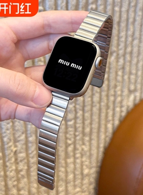 表带适用applewatch竹节磁吸金属细iWatch10/9/8/7小蛮腰钢带不锈钢苹果手表se高级腕带女夏季黑色表盘银色