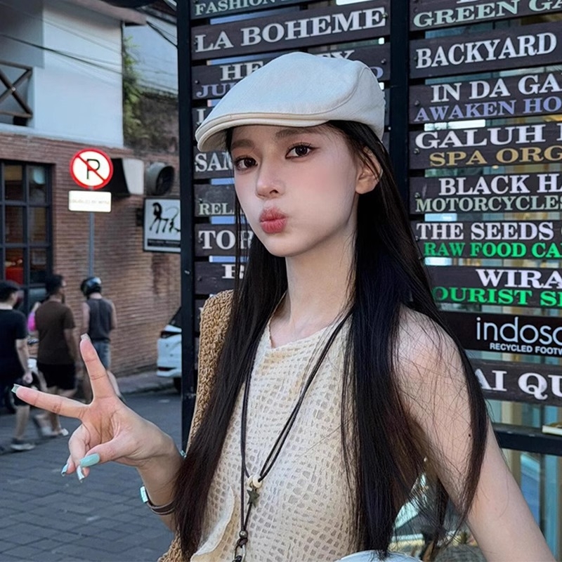 复古画家鸭舌贝雷帽子女款夏季日系显脸小时尚百搭白色英伦前进帽