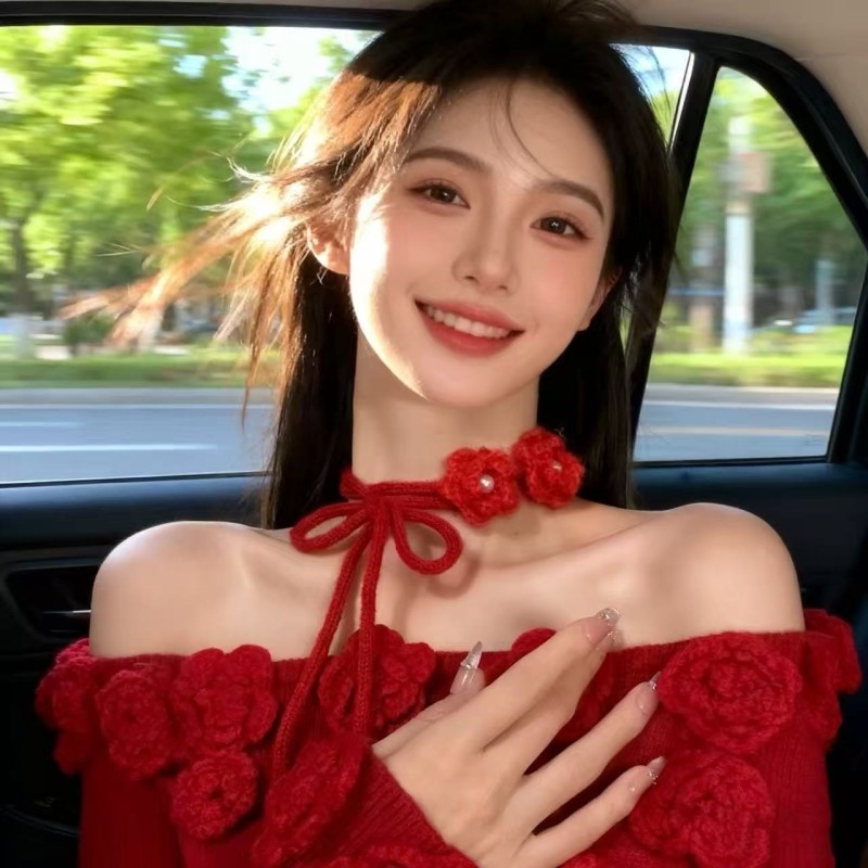 2025秋冬圣诞节红色针织毛绒花朵颈带choker项链女秋冬长款毛衣链,饰品/流行首饰/时尚饰品新,项链,淘宝优惠券,粉丝福利购,淘宝优惠卷