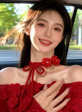2025秋冬圣诞节红色针织毛绒花朵颈带choker项链女秋冬长款毛衣链