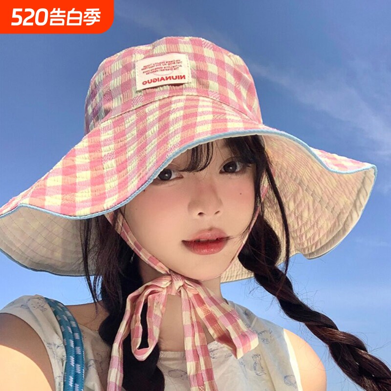 韩版格纹宽边系带渔夫帽女款夏季大帽檐显脸小遮阳帽子防晒帽盆帽