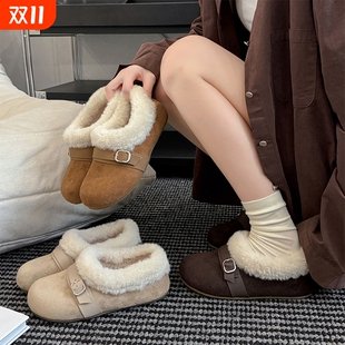 保暖毛毛棉鞋 冬季 子 女2025新款 白色复古厚底内增高加绒全包勃肯鞋