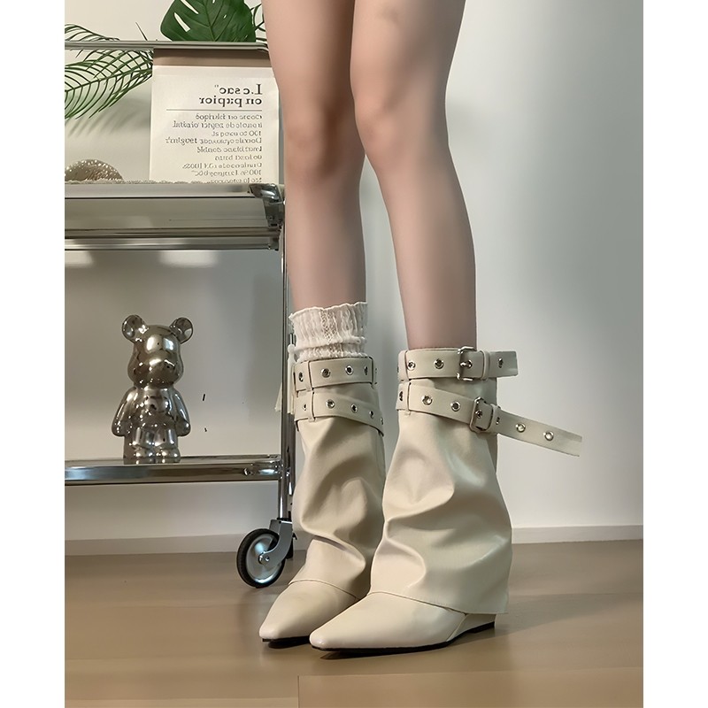 白色尖头短靴女2025新款秋季百搭显瘦增高辣妹裤管靴高跟坡跟短筒
