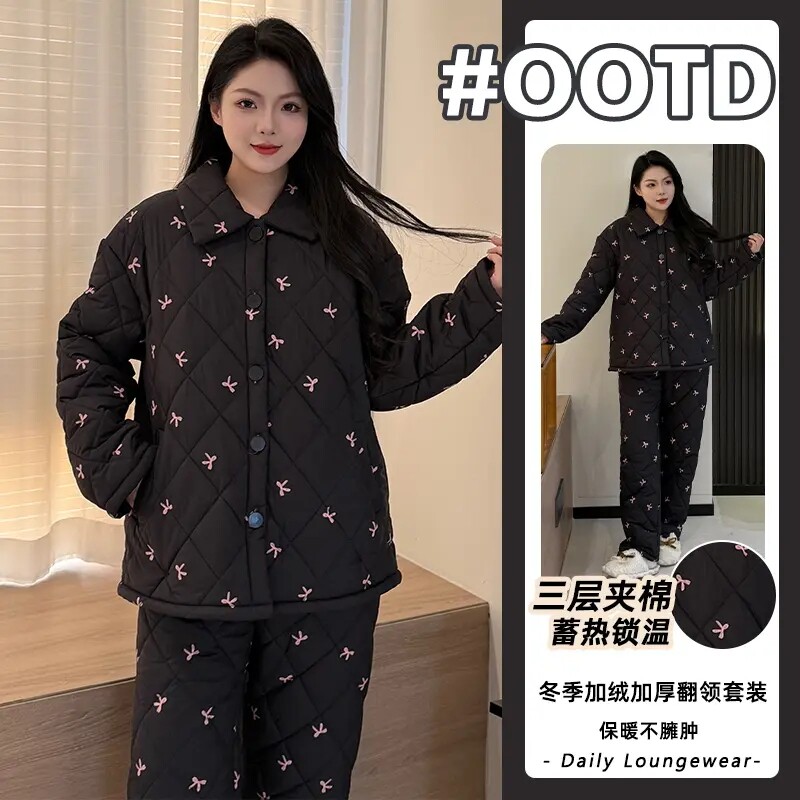 睡衣女款2025新款冬高级感珊瑚绒三层夹棉加厚保暖女士外穿家居服