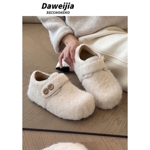 白色复古加绒全包勃肯鞋女2025新款冬季外穿厚底增高保暖毛毛棉鞋