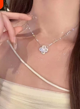 HW四叶草项链满钻18k金锁骨链女loop超闪轻奢高级名媛情人节礼物