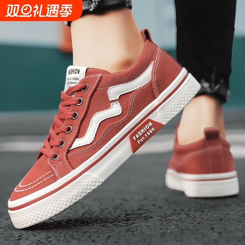 帆布鞋男士2025新款夏季防滑运动板鞋男夏天透气红色百搭休闲男鞋