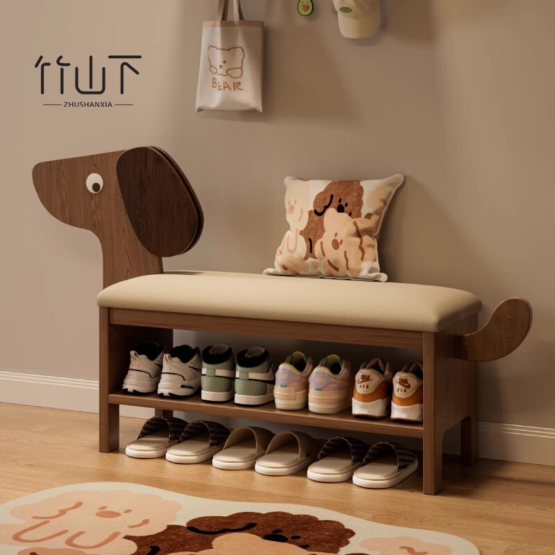 实木小狗换鞋凳门口家用可坐鞋柜可爱创意入户玄关坐凳一体长条凳