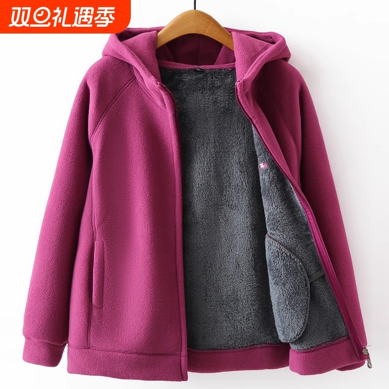 中老年人妈妈秋冬款外套加绒加厚连帽卫衣女款新款奶奶抓绒衣上衣