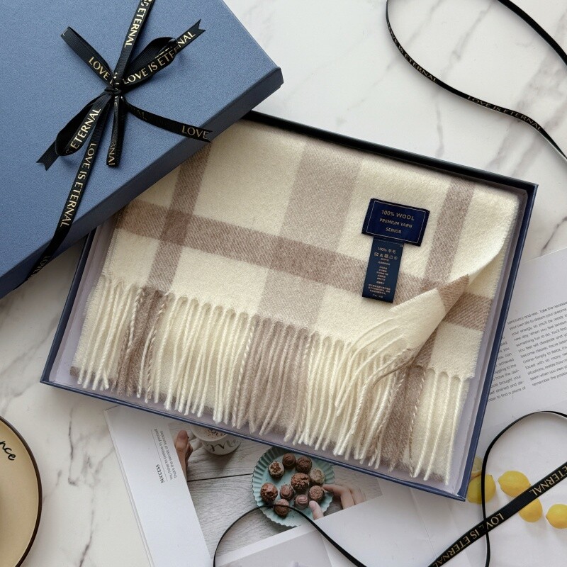 100%阿拉善羊毛围巾礼盒款男女情侣冬季保暖围脖新款加长格子丝巾