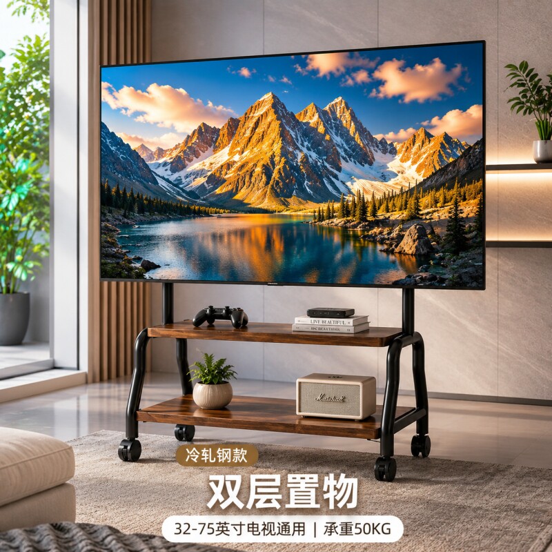电视机落地支架可移动立式不锈钢带轮艺术推车55/65/75寸通用挂架