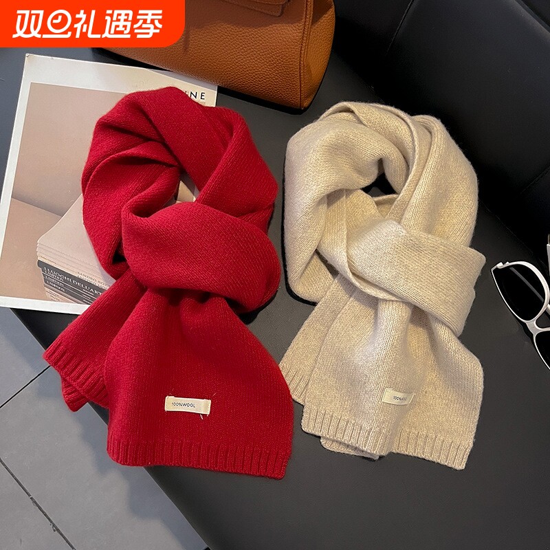 针织100%绵羊毛围巾红色澳洲女加厚保暖围脖冬季蓝色绿色紫色灰色