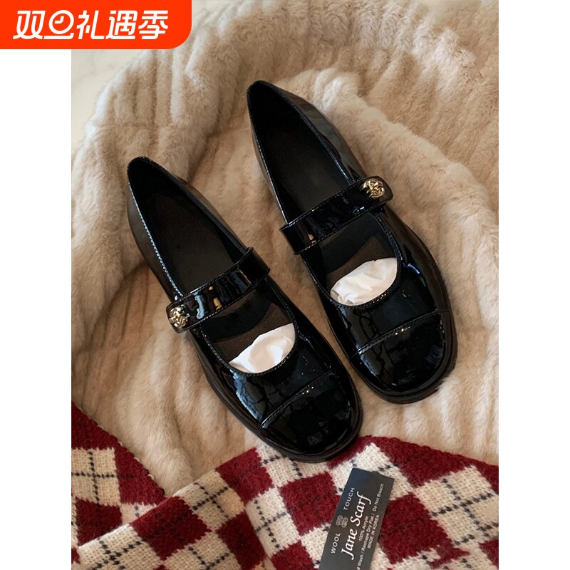 羊皮版~小香风玛丽珍鞋女法式平底浅口单鞋一字扣带粗跟漆皮圆头