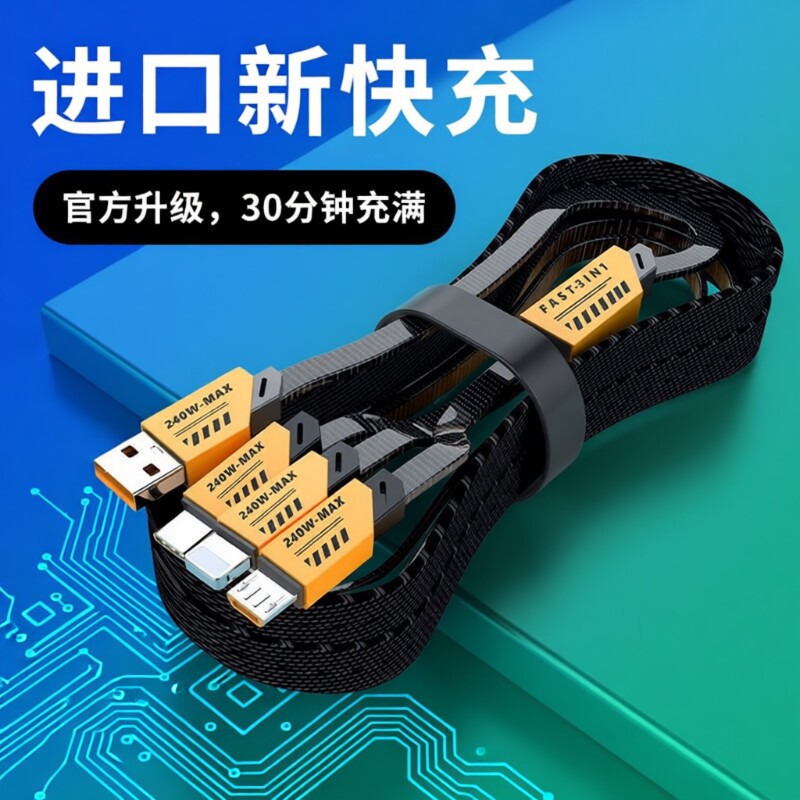 240W超级数据线充电线快充三合一适用苹果13安卓Type-c手机一拖三