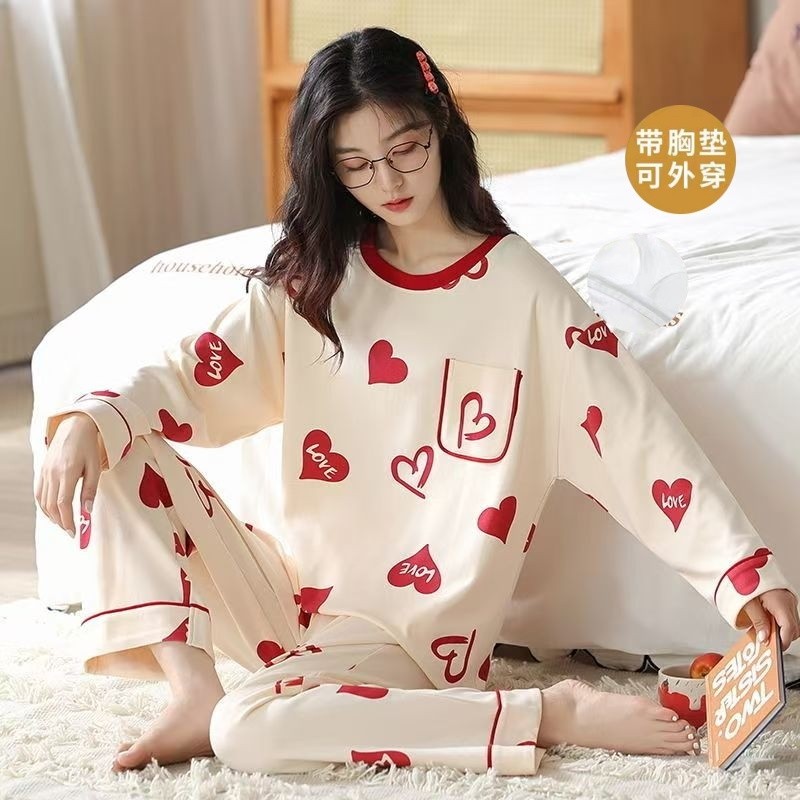 韩版带胸垫纯棉睡衣女士春秋冬季长袖套装休闲可外穿家居服两件套
